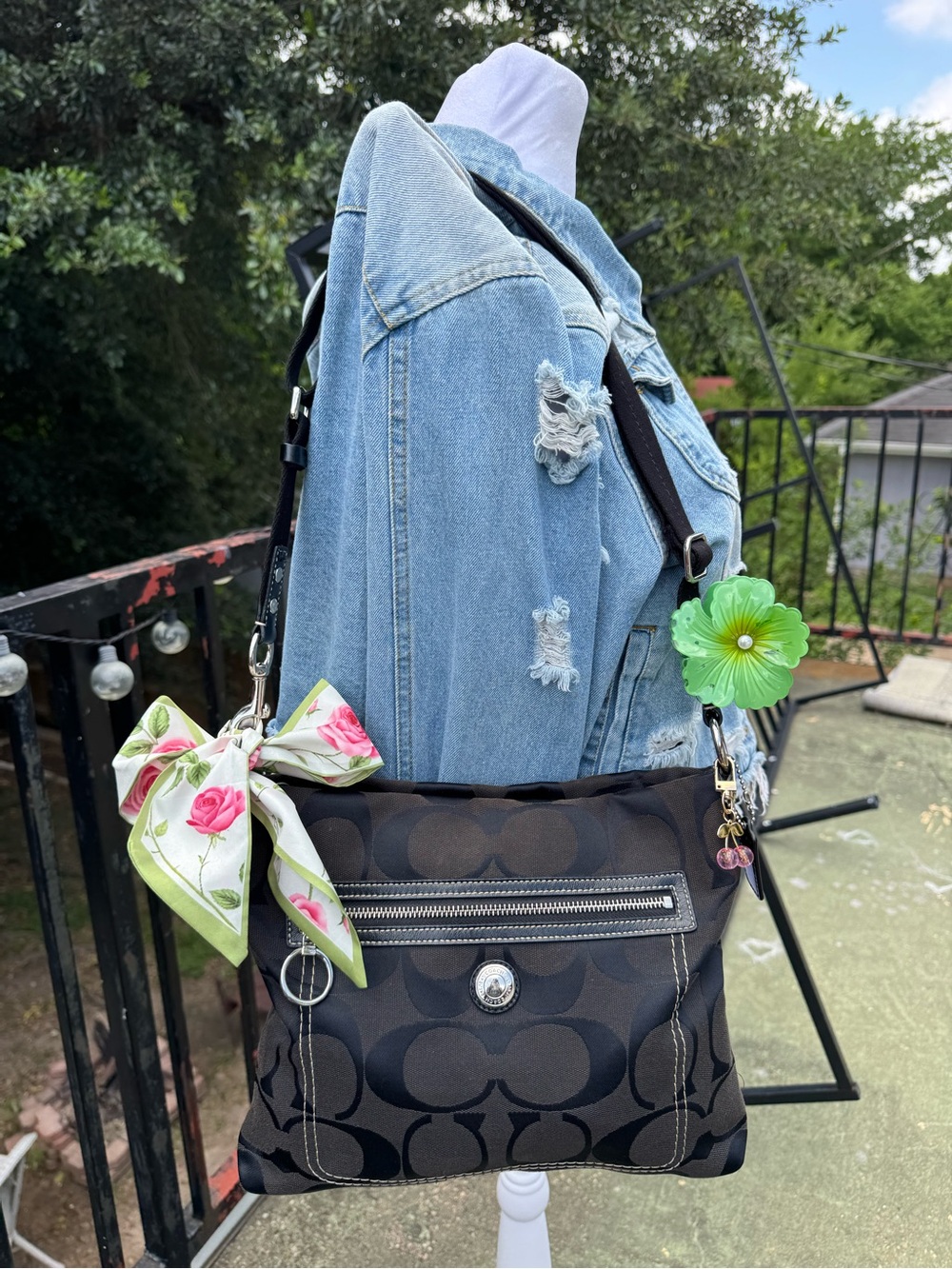Coach Black/Brown Signature Canvas Shoulder Bag with Floral Charm